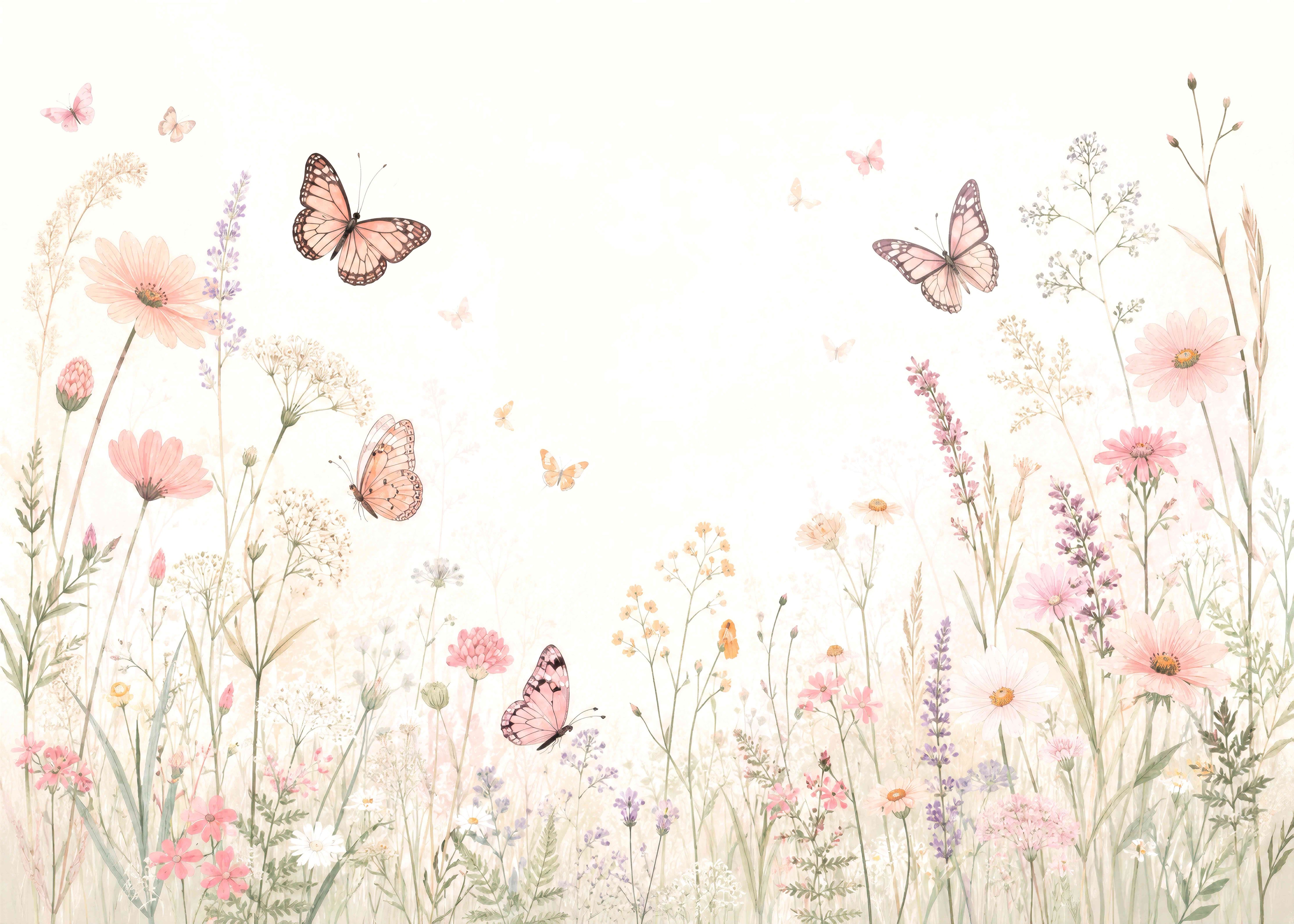 Watercolor wildflower meadow wallpaper with pink cosmos, lavender, wild grasses and butterflies on a light cream background.