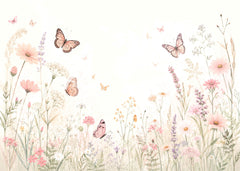 Watercolor wildflower meadow wallpaper with pink cosmos, lavender, wild grasses and butterflies on a light cream background.