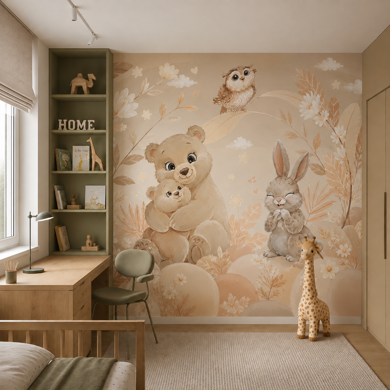 Bear, bunny and owl wall mural in a warm neutral children’s bedroom with study area