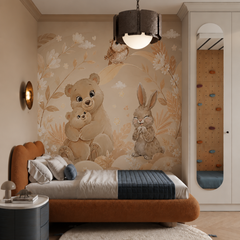 Cuddly bear family and bunny mural displayed behind a modern child’s bed