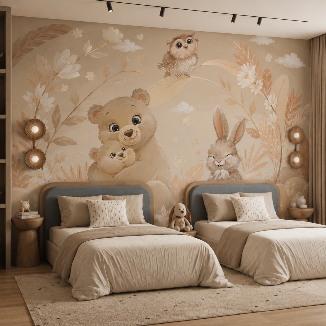 Bear family, rabbit and owl wall mural in a neutral shared children’s bedroom