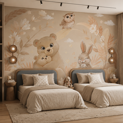 Bear family, rabbit and owl wall mural in a neutral shared children’s bedroom