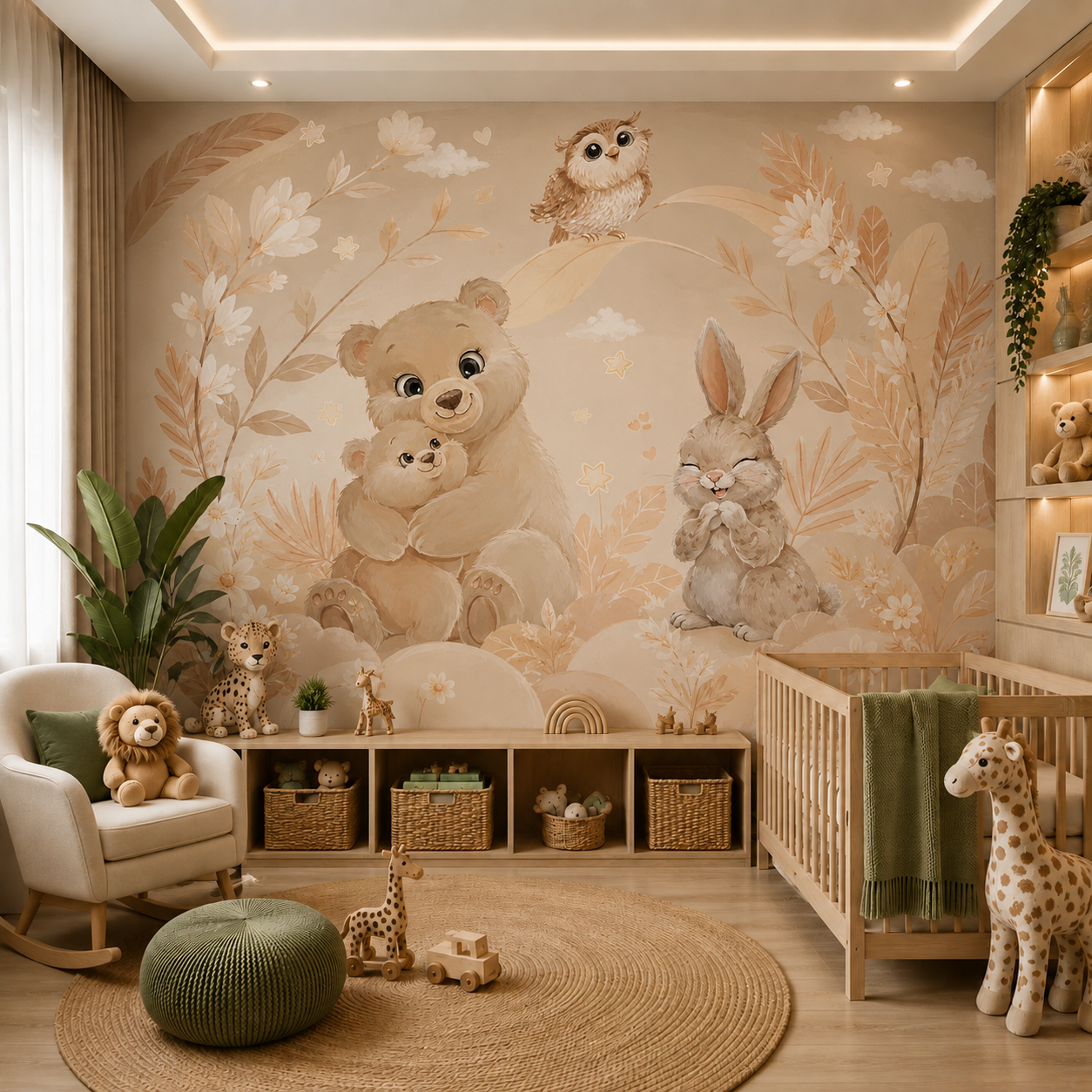 Cute bear family, smiling bunny and owl nursery mural with flowers and stars