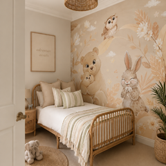 Whimsical bear, bunny and owl mural in a cozy nature-inspired nursery