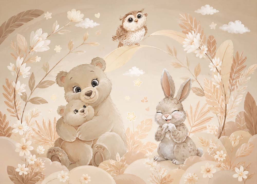 Storybook bear family and rabbit wall mural in a warm boho children’s bedroom