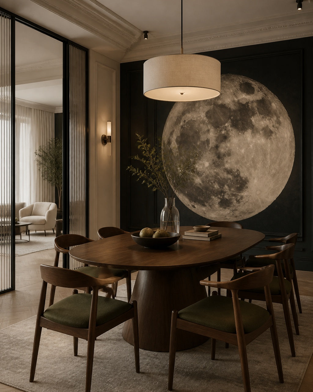 Full moon wallpaper in a refined dining area.