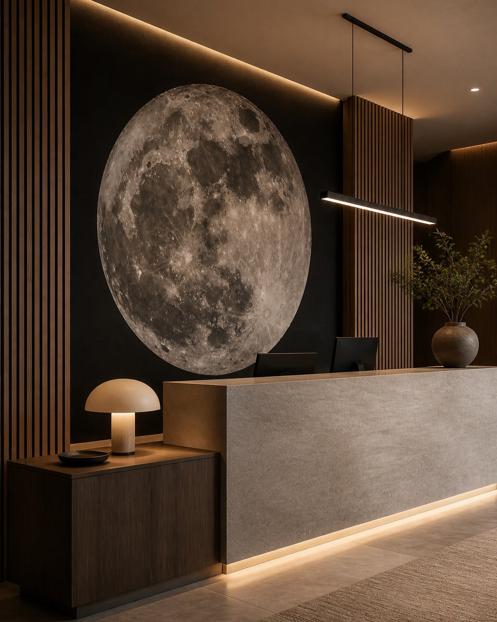 Full moon wallpaper at a hotel reception desk.