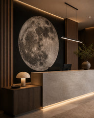 Full moon wallpaper at a hotel reception desk.