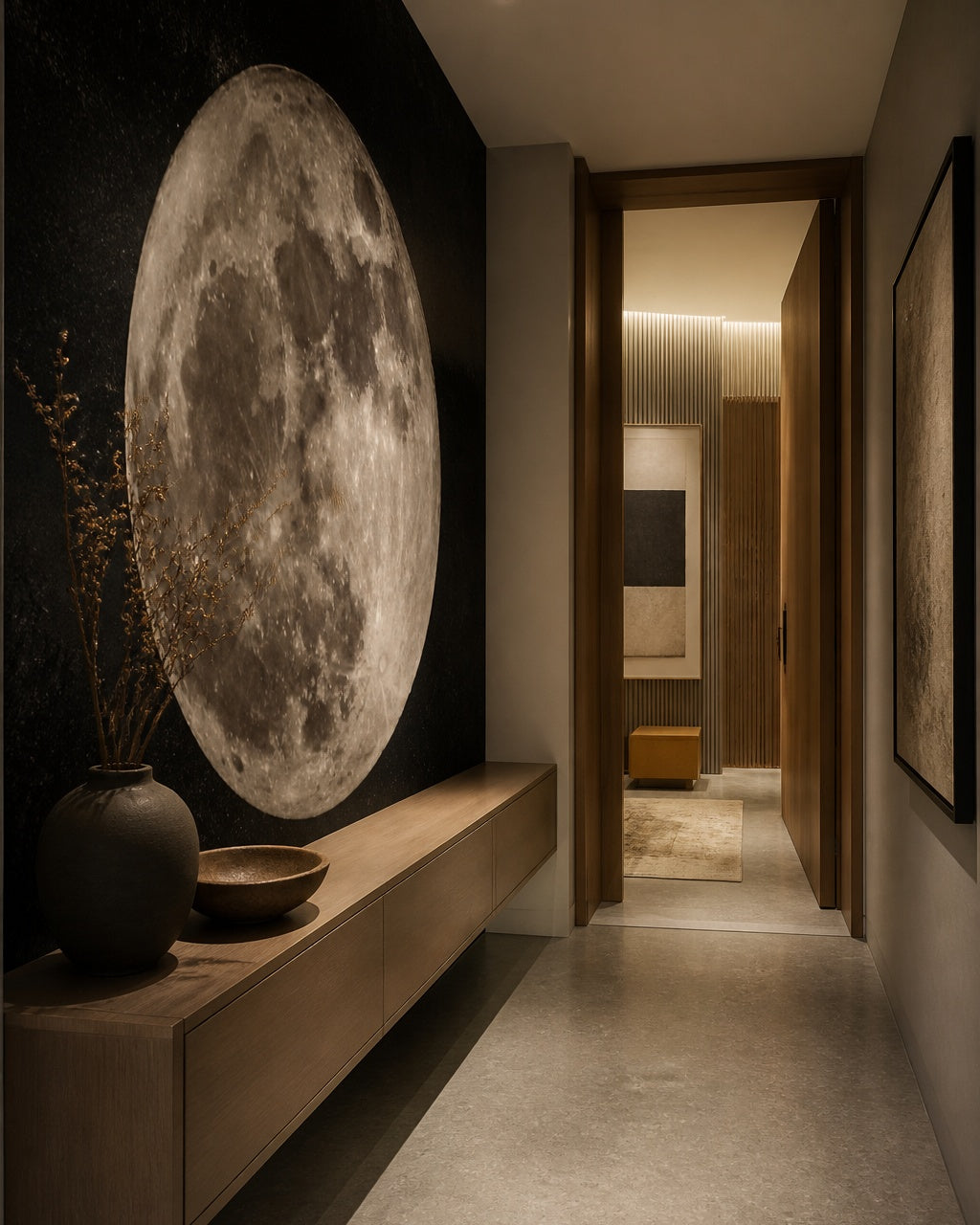 Full moon wallpaper in an architectural hallway.