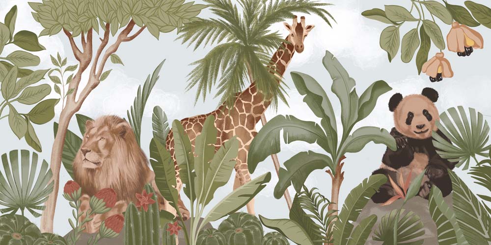 Kids Wall Mural  Tropical Design Safari Animals Wallpaper for Kids Room