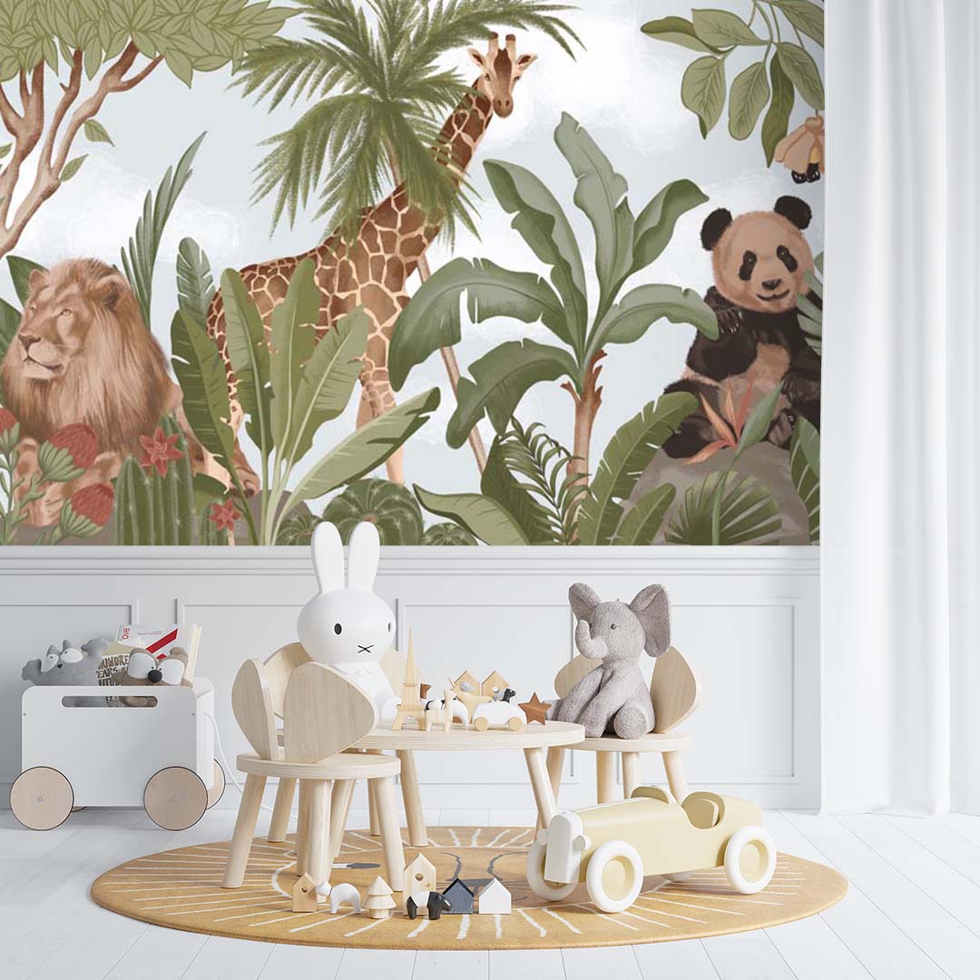 Kids Wall Mural  Tropical Design Safari Animals Wallpaper for Kids Room