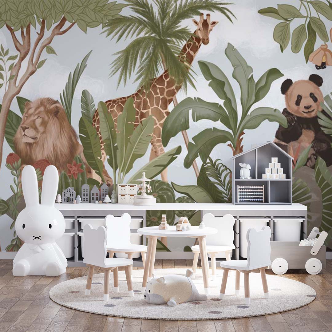 Kids Wall Mural  Tropical Design Safari Animals Wallpaper for Kids Room