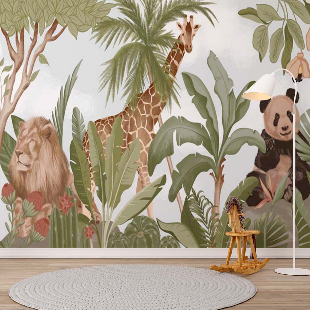 Kids Wall Mural  Tropical Design Safari Animals Wallpaper for Kids Room