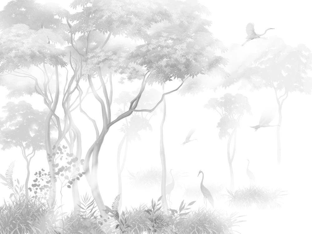 Tapete Graue Nebelbäume und Reiher – Sanfte Chinoiserie-Landschaft, Wandbild