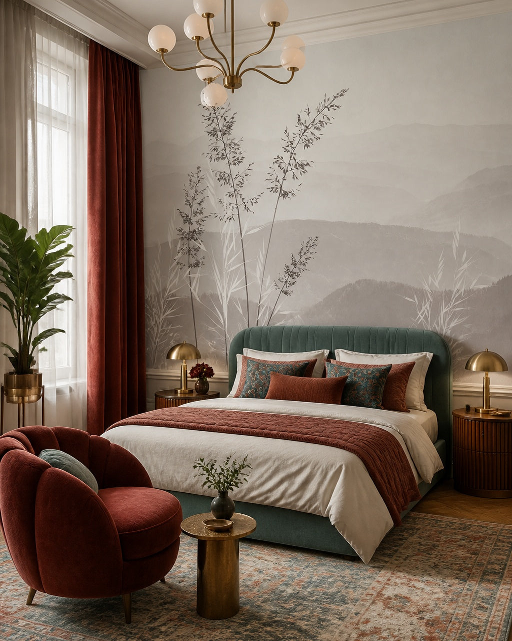 Calm mountains and grass wallpaper in a designer bedroom.