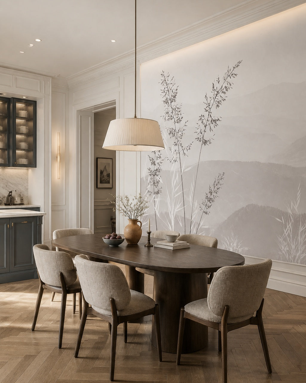 Calm mountains and grass wallpaper in a refined dining area.