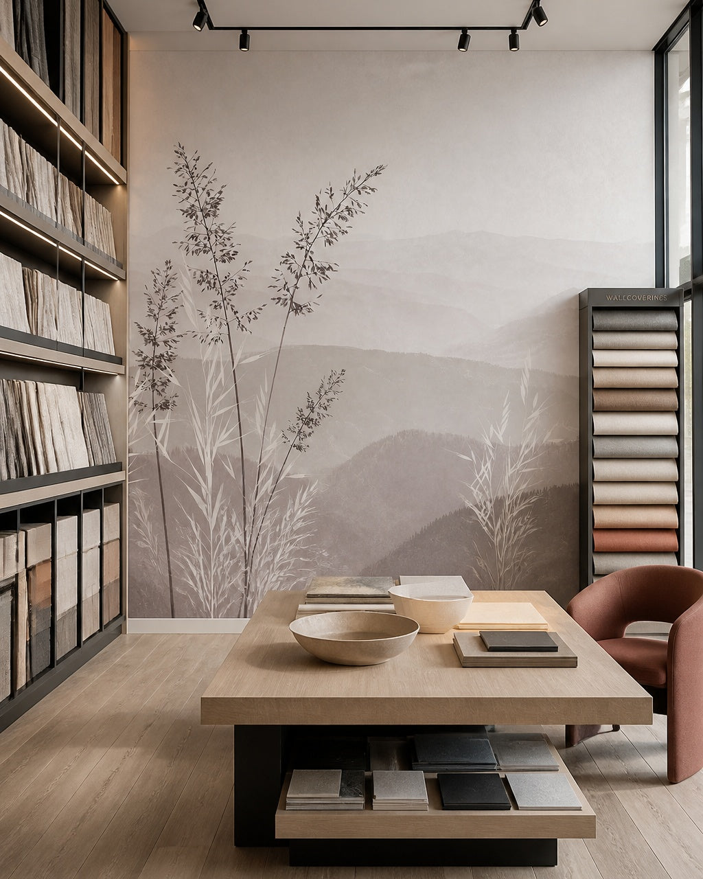 Calm mountains and grass wallpaper in a design showroom.