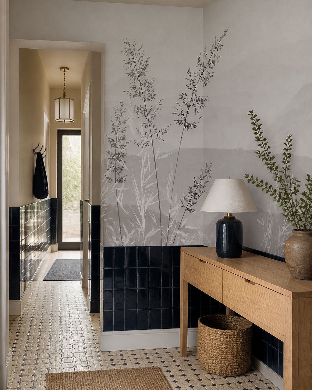 Calm mountains and grass wallpaper in an architectural hallway.