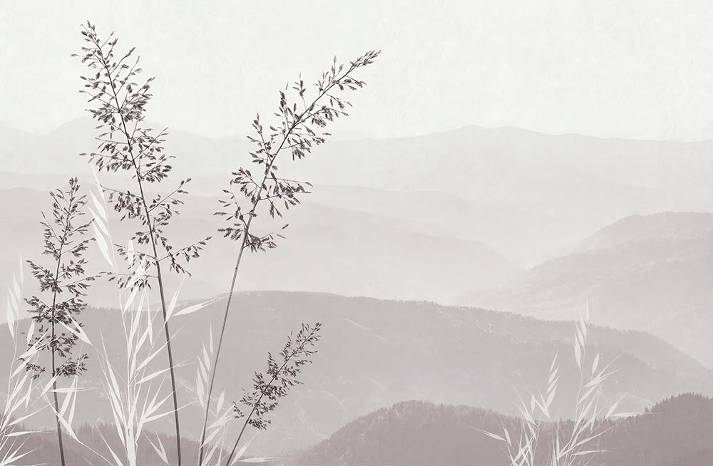Fototapete Ruhige Berge und Gräser – Minimalistische Landschaft