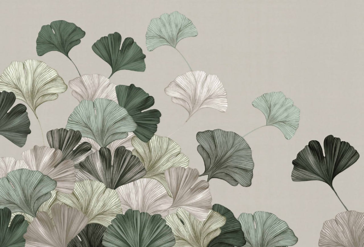 Groene ginkgobladeren behang – grote ginkgo botanisch fotobehang
