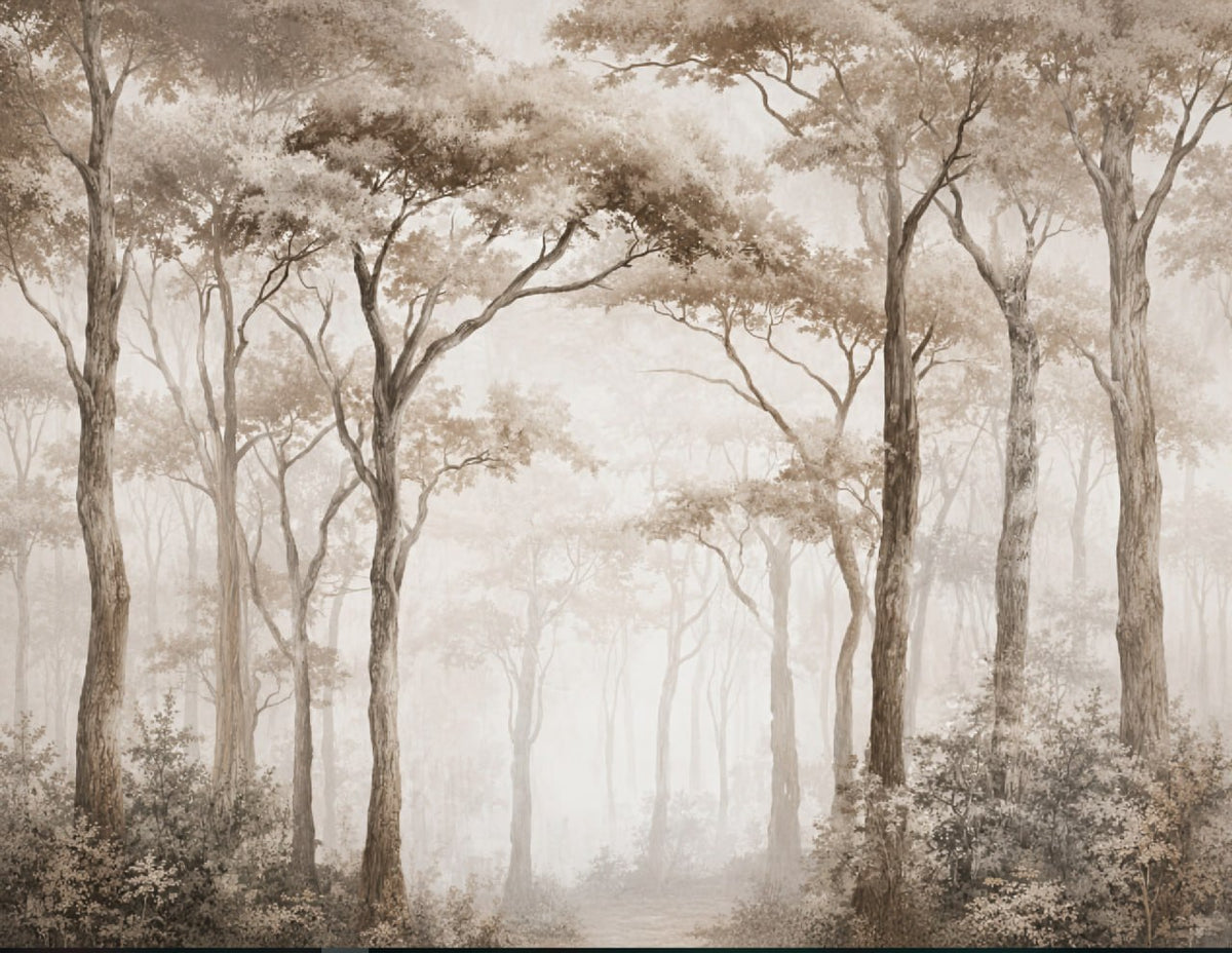 Tapete Sepia-Nebelwald – Hohe Bäume, malerisches Waldwandbild