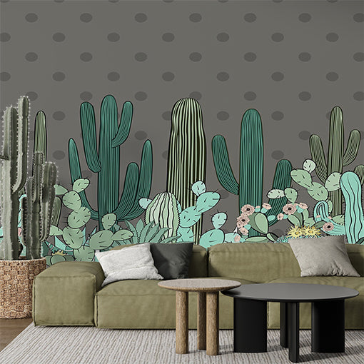 Playful Cactus Wall Mural with Polka Dot Background in Modern Cartoon Style