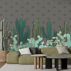 Custom Playful Cactus Wall Mural with Polka Dot Background in Modern Cartoon Style