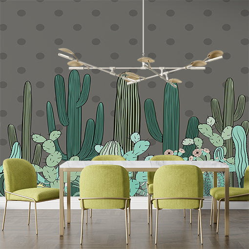 Playful Cactus Wall Mural with Polka Dot Background in Modern Cartoon Style