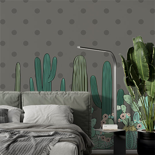 Playful Cactus Wall Mural with Polka Dot Background in Modern Cartoon Style