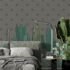 Custom Playful Cactus Wall Mural with Polka Dot Background in Modern Cartoon Style