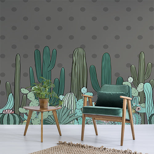 Playful Cactus Wall Mural with Polka Dot Background in Modern Cartoon Style