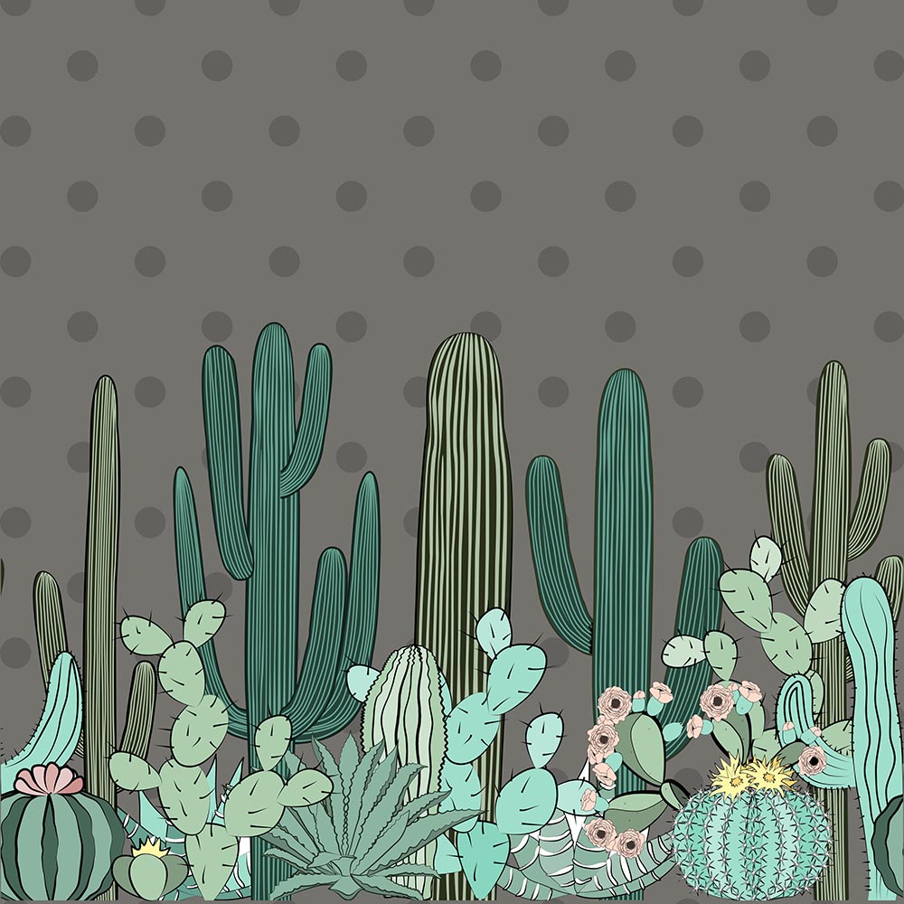 Playful Cactus Wall Mural with Polka Dot Background in Modern Cartoon Style