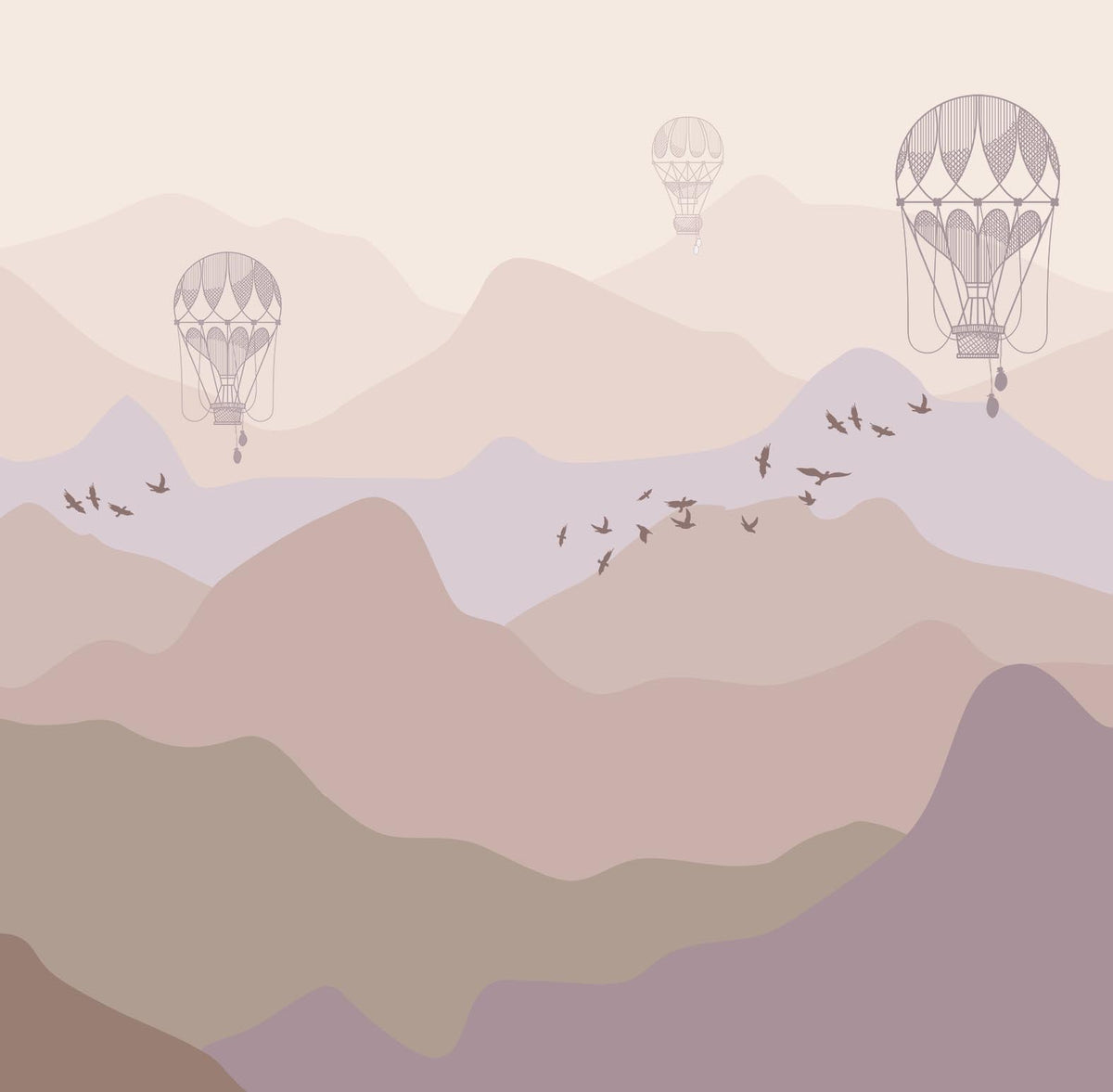 Papier peint montgolfières vintage sur montagnes pastel