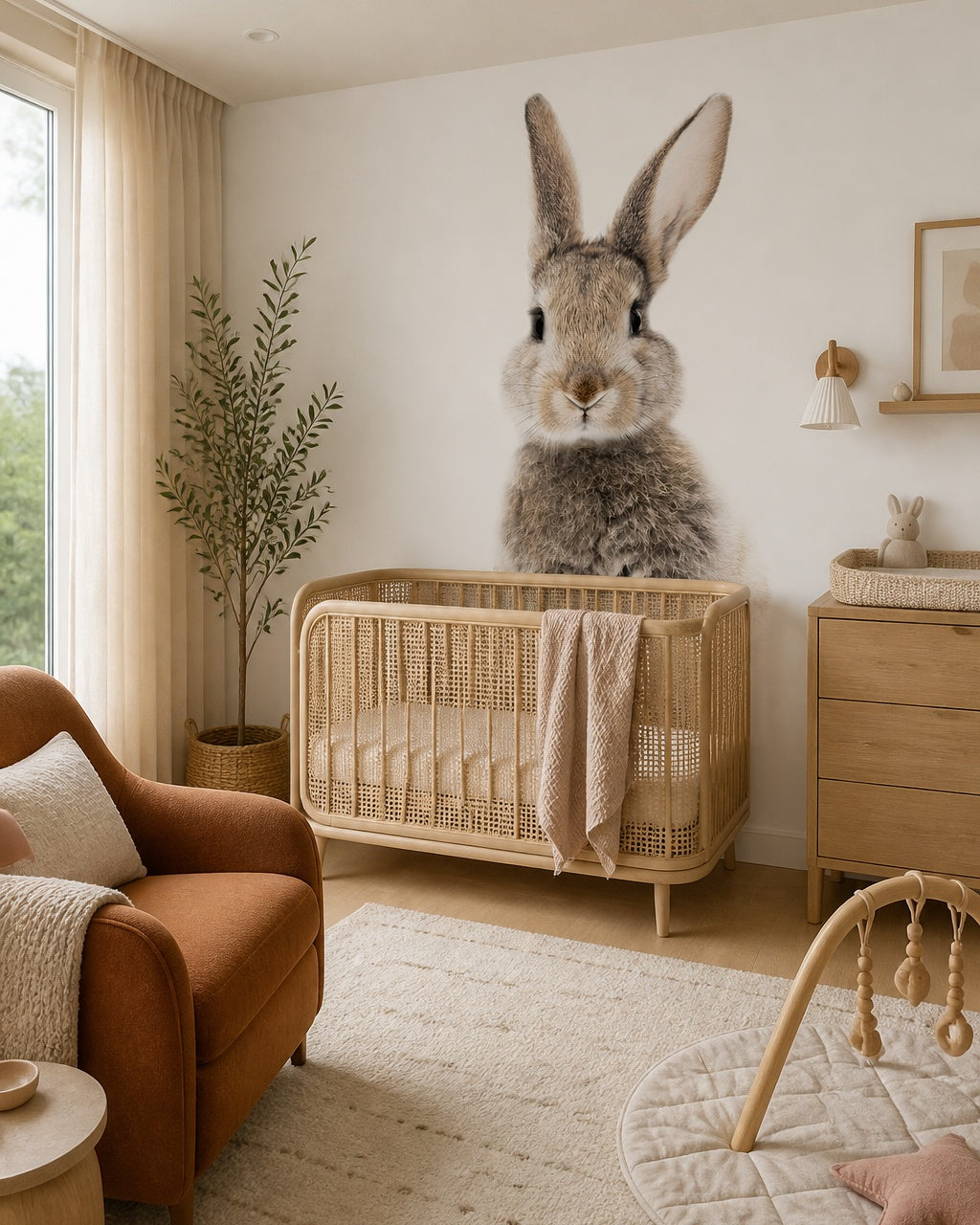 Bunny portrait wallpaper in a modern nursery with a crib.