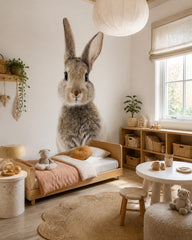 Bunny portrait wallpaper in a toddler bedroom with a child-sized bed.