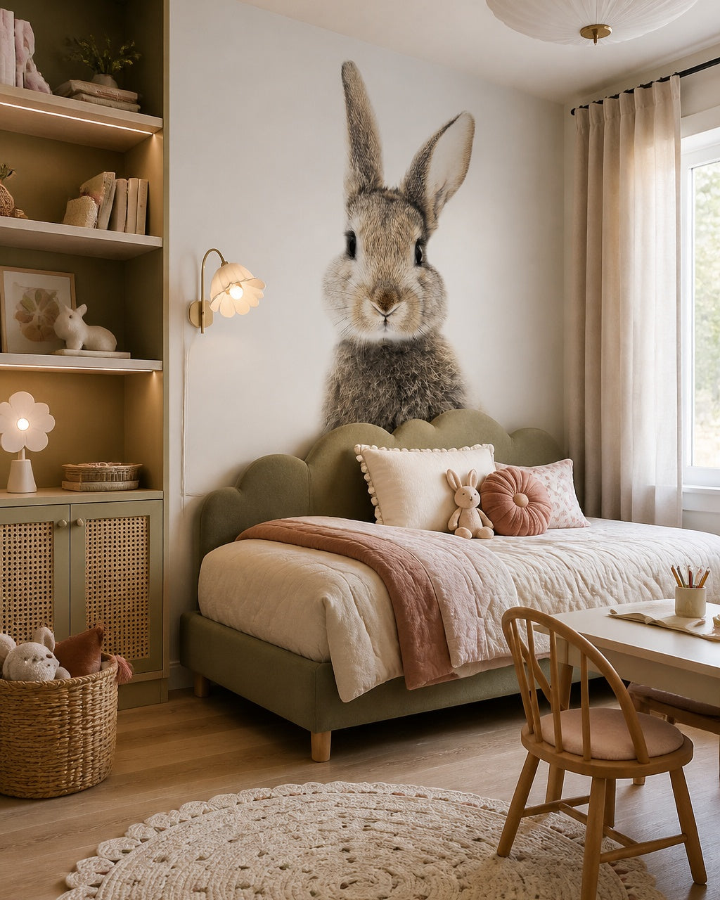 Bunny portrait wallpaper in a girl’s bedroom.