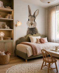 Bunny portrait wallpaper in a girl’s bedroom.
