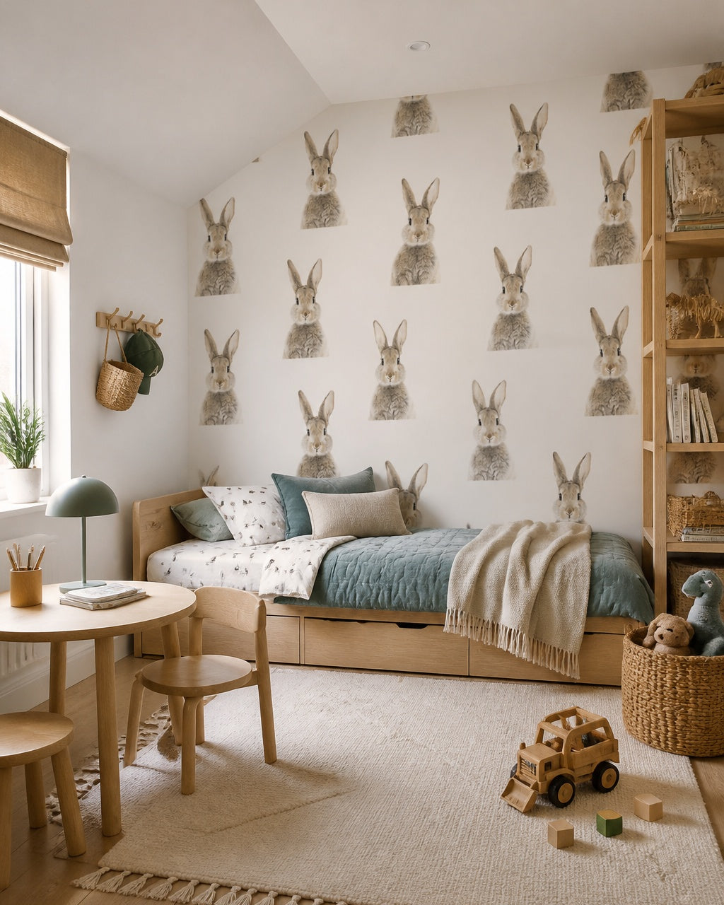 Bunny portrait wallpaper in a boy’s bedroom.