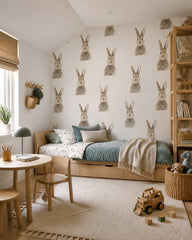 Bunny portrait wallpaper in a boy’s bedroom.
