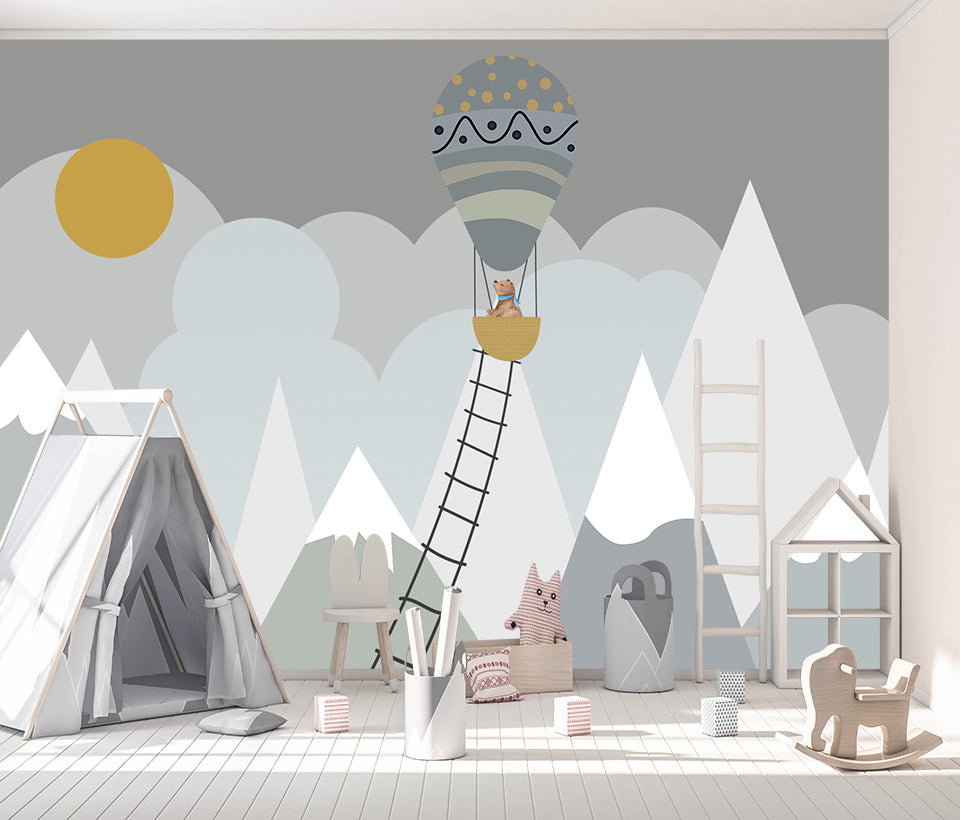 Papier peint aventure du petit renard en montgolfière pour chambre d’enfant