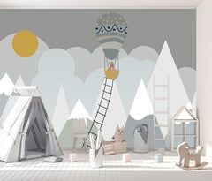 Custom Kids Wall Murals Scandinavian Mountains Adventure Sun Clouds Wallpaper for Kids