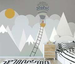 Custom Kids Wall Murals Scandinavian Mountains Adventure Sun Clouds Wallpaper for Kids