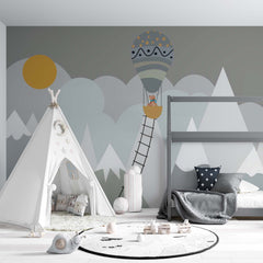 Custom Kids Wall Murals Scandinavian Mountains Adventure Sun Clouds Wallpaper for Kids