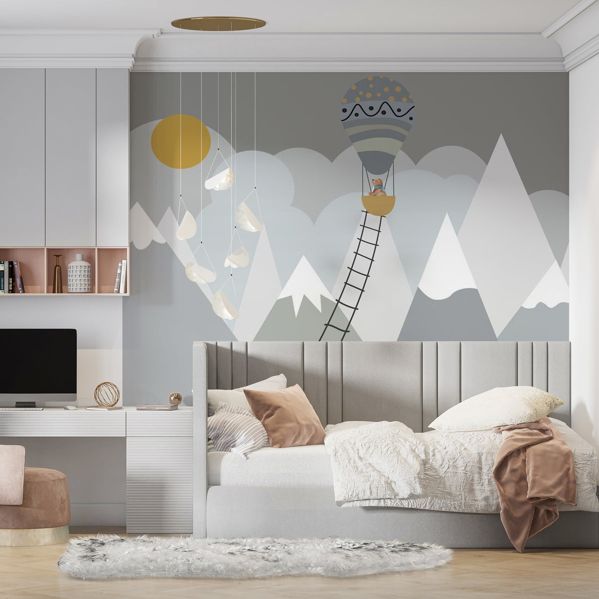 Custom Kids Wall Murals Scandinavian Mountains Adventure Sun Clouds Wallpaper for Kids