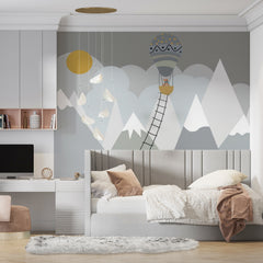 Custom Kids Wall Murals Scandinavian Mountains Adventure Sun Clouds Wallpaper for Kids