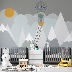 Custom Kids Wall Murals Scandinavian Mountains Adventure Sun Clouds Wallpaper for Kids