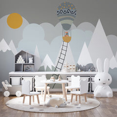 Custom Kids Wall Murals Scandinavian Mountains Adventure Sun Clouds Wallpaper for Kids