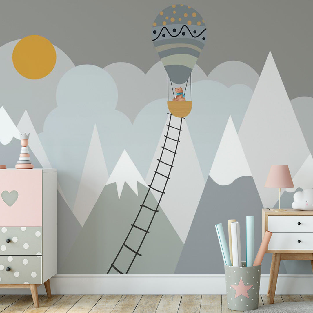 Custom Kids Wall Murals Scandinavian Mountains Adventure Sun Clouds Wallpaper for Kids