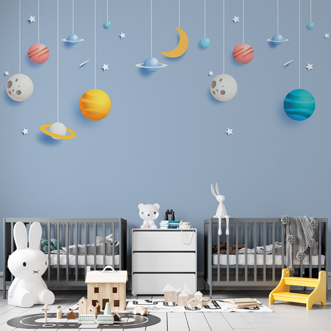 Kids Wall Murals Moon Blue Stars Simple Design Nursery Wallpaper for Kids