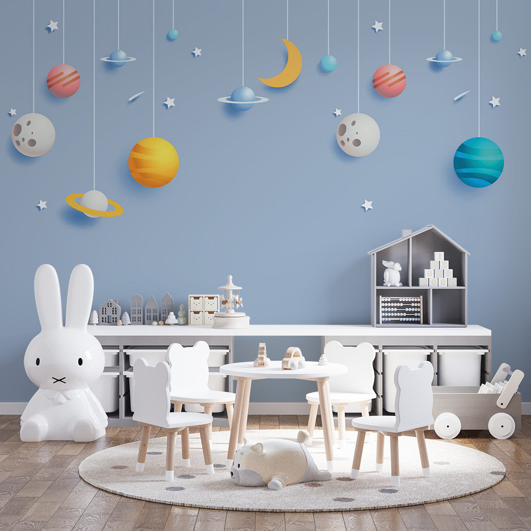 Kids Wall Murals Moon Blue Stars Simple Design Nursery Wallpaper for Kids